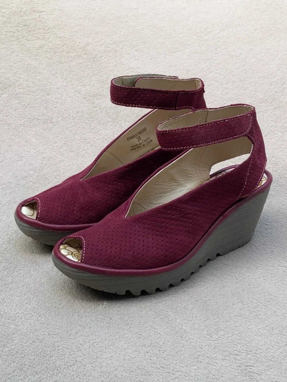 Fly London Yala Ankle Strap Suede Peep Toe Platform Wedge Sandals Sz38